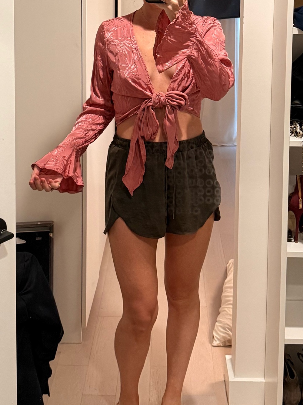 Nasty Gal Dusty Rose Tie-Front Satin Crop Top